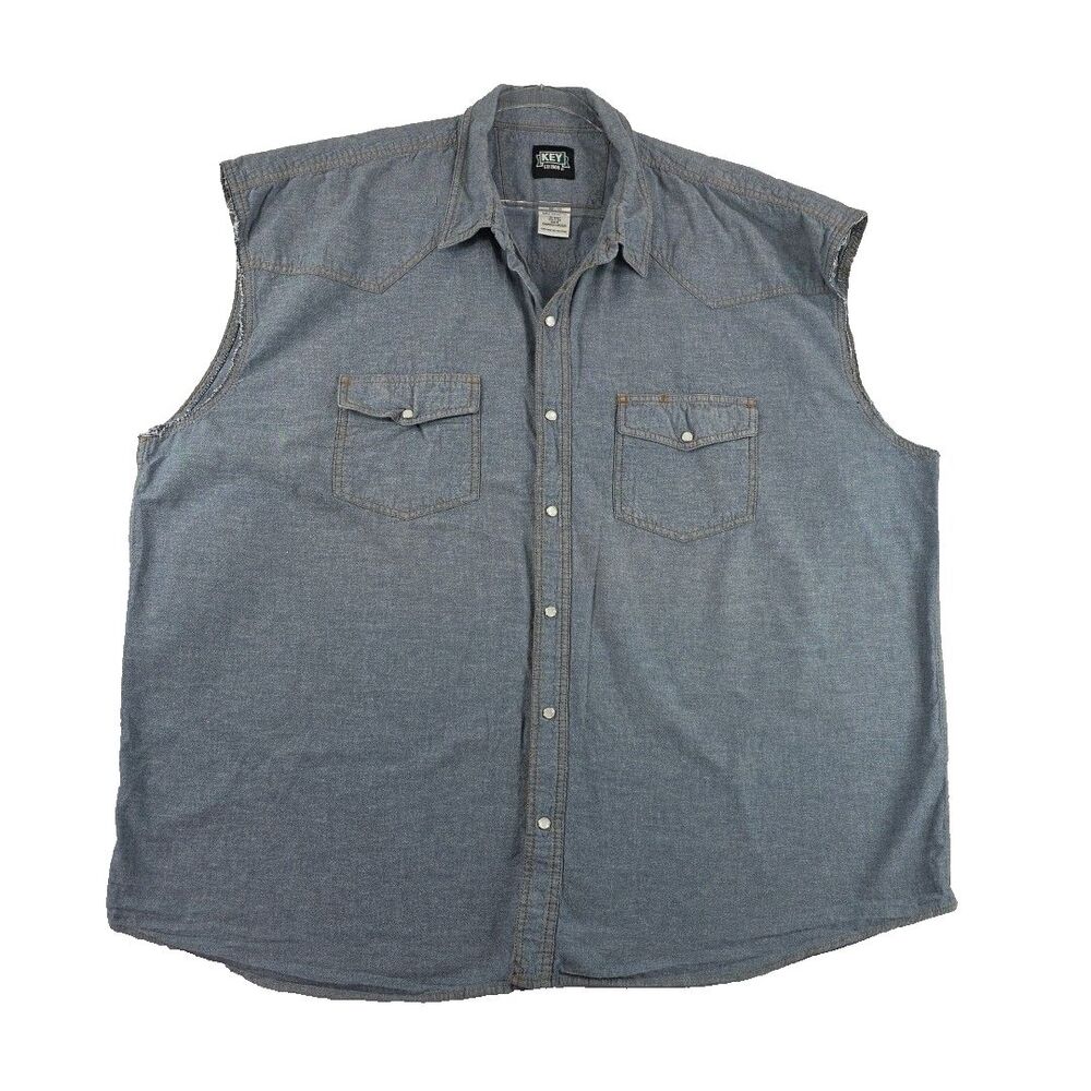 Men’s KEY Pearl Snap Western Shirt Sleeveless Men’s 4XLR Blue Chambray Harley